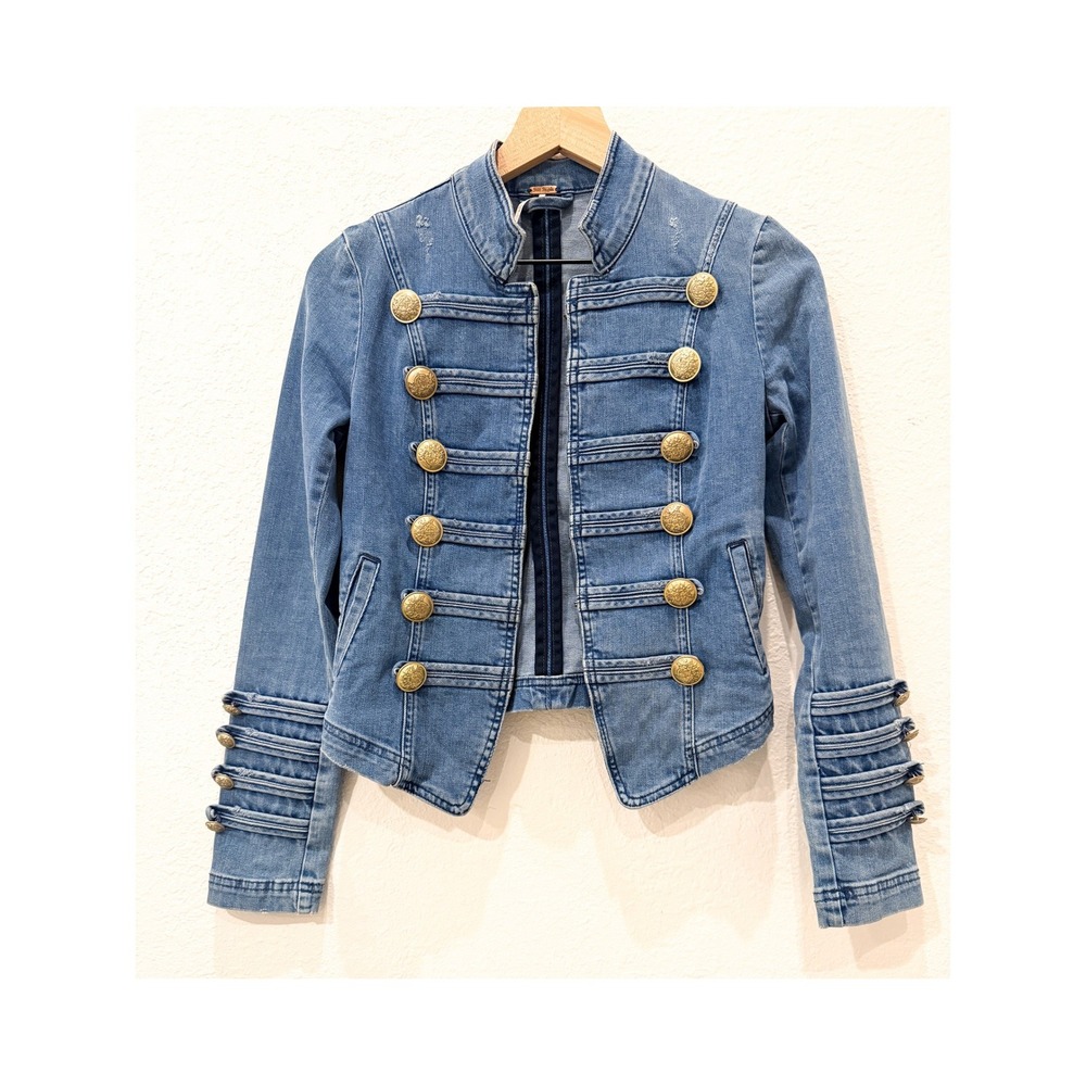Free People Fitted Military Denim Jacket XS Blue Gold Button Napoleon Indie